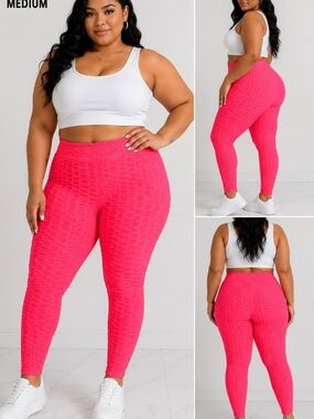 Medium Textured High-Waist Leggings - Hot Pink Butt Lifting